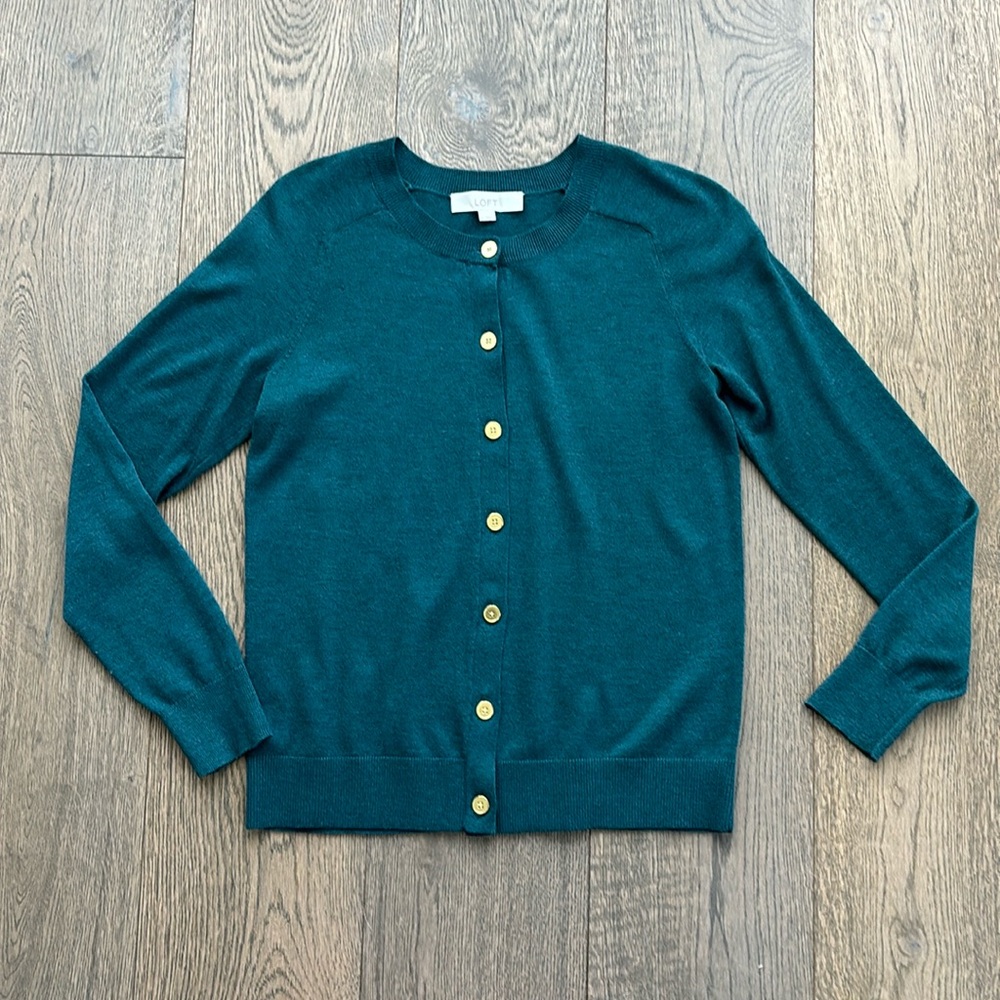 LOFT Teal Green Button-Front Cardigan with Gold Buttons